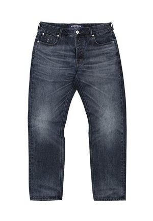 Donkere blauwe spijkerbroeken met een klassieke rechte pijp, vijfzakkenstijl en subtiele vervaging, voorzien van een metalen knoop- en ritssluiting.