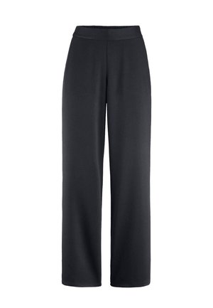 Schwarze weite Hose mit einer glatten, weichen Textur und einem elastischen Bund. Einfaches, geradliniges Design ohne Muster oder Verzierungen.