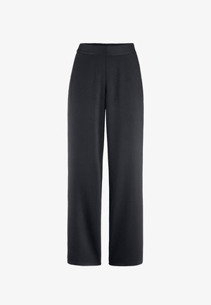 Schwarze weite Hose mit einer glatten, weichen Textur und einem elastischen Bund. Einfaches, geradliniges Design ohne Muster oder Verzierungen.