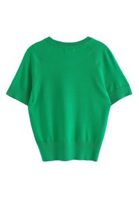 Grøn kortærmet sweater med rund halsudskæring, ribbet kant og sømløs skulderdesign; lavet af blødt, glat strikmateriale.
