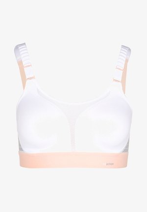 Weißes Sport-BH mit Netzpaneelen, verstellbaren Trägern und einem weichen Pfirsichband. Mit nahtlosen Cups und bedrucktem Logo auf dem Band.