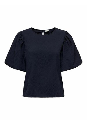 Blouse noire texturée à manches courtes avec col rond et manches légèrement bouffantes, comportant une petite fermeture à bouton en trou de serrure à l'arrière.