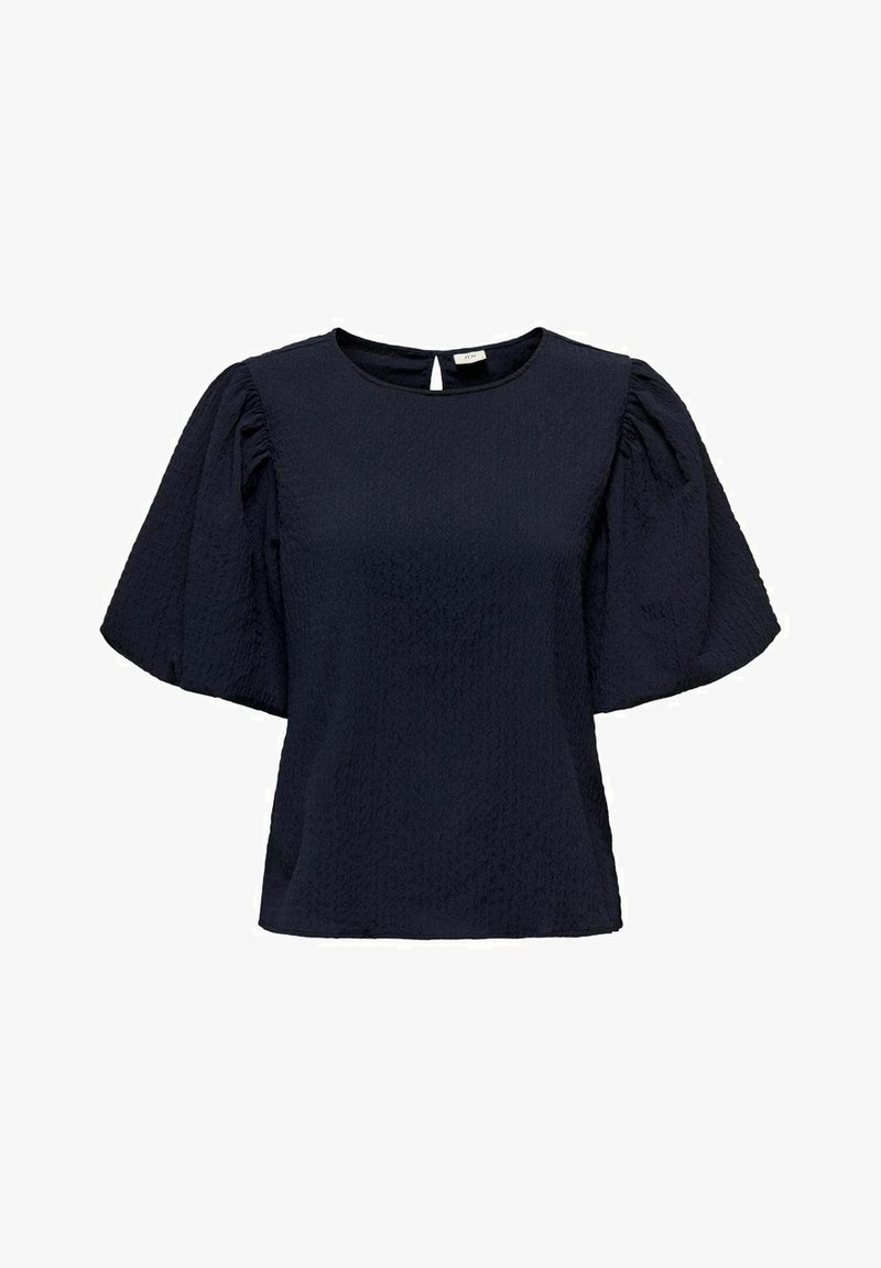 Blouse noire texturée à manches courtes avec col rond et manches légèrement bouffantes, comportant une petite fermeture à bouton en trou de serrure à l'arrière.
