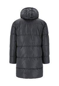 Manteau doudoune gris foncé avec capuche, caractérisé par un design matelassé, des manches longues et une texture douce et lisse.