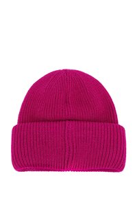 Berretto lavorato a maglia fucsia con texture a coste e risvolto. Materiale morbido, parte superiore arrotondata, adatto per il freddo.