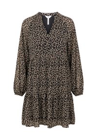 Robe noire à fleurs avec manches longues bouffantes, décolleté en V et design à volants. Présente de petits motifs floraux multicolores partout. Tissu léger.