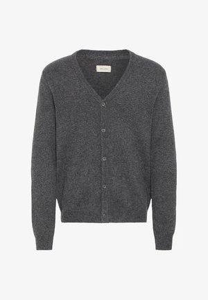 Cardigan gri, realizat dintr-un amestec moale de lână. Design cu decolteu în V, închidere cu nasturi și manșete cu nervuri. Fără modele sau accente vizibile.