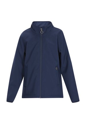 Marineblauwe softshell jas met frontrits, opstaande kraag, lange mouwen en zijzakken met knoopdetails.