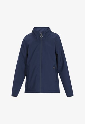 Granatowa kurtka softshell z przednim zamkiem błyskawicznym, stojącym kołnierzem, długimi rękawami oraz bocznymi kieszeniami z detalami na guziki.