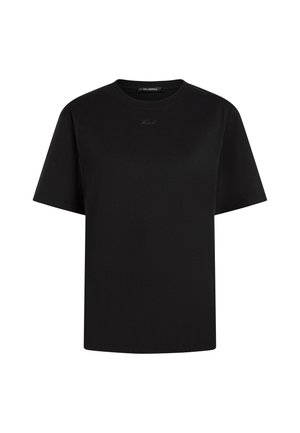 Schwarzes T-Shirt mit kurzen Ärmeln und Rundhalsausschnitt, mit dezentem kleinem "Karl"-Logo, mittig auf der Brust gestickt.