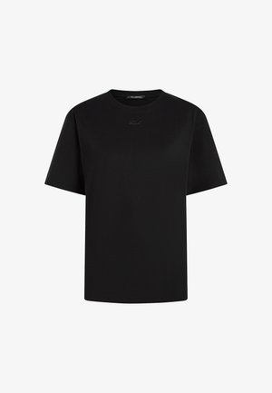 Schwarzes T-Shirt mit kurzen Ärmeln und Rundhalsausschnitt, mit dezentem kleinem "Karl"-Logo, mittig auf der Brust gestickt.