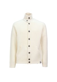 Cardigan a coste color crema con colletto alto, otto bottoni scuri e due tasche frontali; texture morbida e vestibilità rilassata.