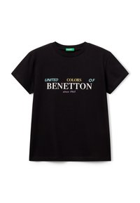 Czarny bawełniany T-shirt z krótkim rękawem, z napisem "UNITED COLORS OF BENETTON since 1965" w różnych kolorach na przodzie.
