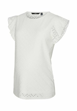 Witte top met korte mouwen en ruches, voorzien van een gaatjespatroon en textuur, ronde halslijn en een relaxte pasvorm.