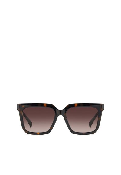 Occhiali da sole tartaruga marrone con montatura quadrata, lenti sfumate e materiale spesso e lucido. Bordo pulito e nessun hardware visibile.