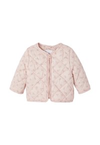 Quilted pink jacket featuring a round neckline, long sleeves, and a zip closure, with a floral print and diamond pattern texture.