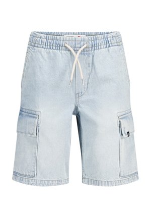 Jasnoniebieskie szorty cargo z denimu z elastycznym pasem, białym sznurkiem i klapkowymi kieszeniami po obu stronach.