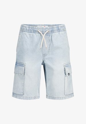 Jasnoniebieskie szorty cargo z denimu z elastycznym pasem, białym sznurkiem i klapkowymi kieszeniami po obu stronach.