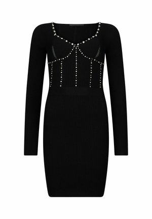 Schwarzes, geripptes Kleid mit langen Ärmeln, das einen Rundhalsausschnitt mit dekorativen Perlen und vertikalen Linien über dem Oberteil aufweist.