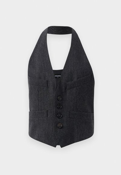 Gray pinstripe halter top with two front pockets, V-neckline, and five black buttons. Made from fabric with a smooth texture.