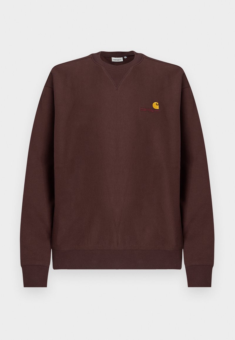 Braunes Sweatshirt aus Baumwolle mit Rundhalsausschnitt, gerippten Bündchen und kleinem gelbem Logo auf der Brust. Glatte Textur, lockere Passform.