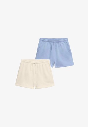 Zwei Paar Shorts mit elastischem Bund und Kordelzug, eines in Hellblau und eines in Creme, beide mit Seitentaschen, vor weißem Hintergrund.