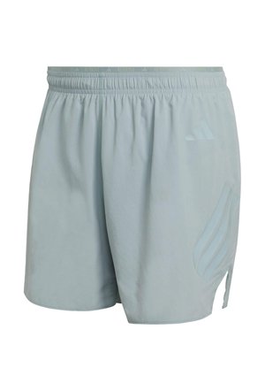 Vaaleansiniset Adidasin juoksushortsit, joissa on joustava vyötärönauha, sivuhalkio sekä hillitty Adidasin logo ja kolme raitaa oikeassa lahkeessa.
