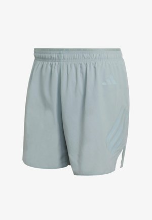 Vaaleansiniset Adidasin juoksushortsit, joissa on joustava vyötärönauha, sivuhalkio sekä hillitty Adidasin logo ja kolme raitaa oikeassa lahkeessa.