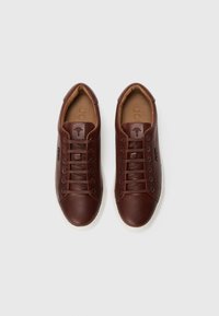 Ein Paar braune Leder-Sneaker mit dunkelbraunen Schnürsenkeln und weißen Sohlen, von oben auf einem weißen Hintergrund gezeigt.