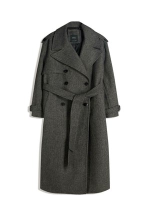 Donkergrijze wollen dubbelgeknoopte trenchcoat met brede revers, schouderepauletten, afgewerkte manchetten met knopen en een bijpassende stoffen ceintuur gestrikt in de taille.