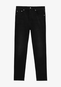 Jean noir moulant avec cinq poches, passants pour ceinture et fermeture à bouton, présenté à plat sur un fond blanc.