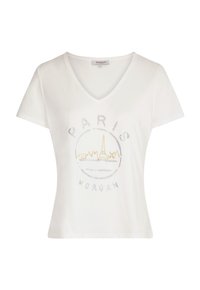White cotton t-shirt with a v-neck, featuring a graphic of Paris skyline in silver and gold, labeled “PARIS MORGAN.” Short sleeves.
