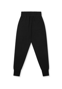 Zwarte sweatpants met een elastische tailleband, verlaagde boorden en een enkele achterzak. Gemaakt van zacht katoen met een gladde textuur.