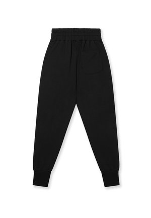 Pantaloni neri in felpa con un elastico in vita, orli a costine e una singola tasca posteriore. Realizzati in morbido cotone con una superficie liscia.