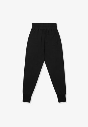 Zwarte sweatpants met een elastische tailleband, verlaagde boorden en een enkele achterzak. Gemaakt van zacht katoen met een gladde textuur.