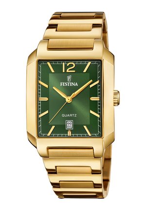 Armbanduhr aus goldfarbenem Metall mit rechteckigem grünem Zifferblatt, goldfarbenen Stundenmarkierungen und Zeigern, Datumsanzeige bei 6 Uhr und Metallgliedarmband.