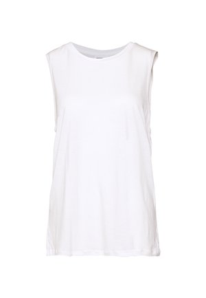 White sleeveless crew neck tank top with a loose fit, displayed against a plain white background.