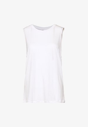 Witte, mouwloze tanktop met ronde hals en losse pasvorm, weergegeven tegen een effen witte achtergrond.