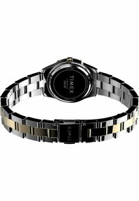Timex zonne-energiewatch met een zwart roestvrijstalen kast en armband, voorzien van zilveren en gouden accenten, een gladde afwerking en een klapsluiting.