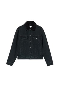 Giubbotto di jeans nero con colletto in shearling testurizzato nero, chiusura con bottoni, due tasche sul petto e tasche laterali. Vestibilità standard con maniche lunghe.