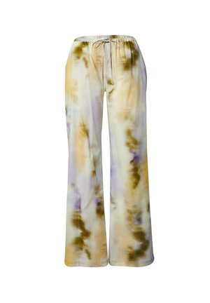 Weite Hose aus leichtem Stoff mit einem Batikmuster in den Farben hellbeige, braun und lavendel. Mit elastischem Taillenbund.