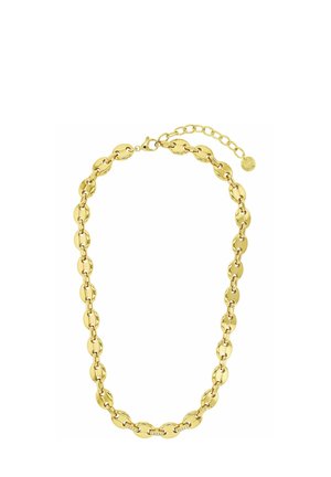 Goldene Halskette mit großen ovalen Gliedern und einem Karabinerverschluss, ausgestattet mit einer kleinen Verlängerungskette zur verstellbaren Länge.