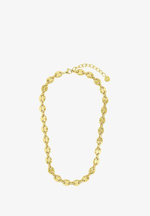 Gouden ketting met grote ovale schakels en een karabijnsluiting, voorzien van een klein verlengkettinkje voor verstelbare lengte.