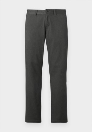 Mørkegrå denimbukser med rett ben, med knappelukking, beltestropper og subtil tekstur. Ingen synlige mønstre eller detaljer.