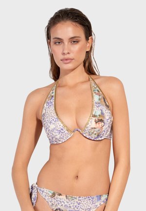Bikini set with purple leopard print and floral accents. Halter top with gold trim, matching tie-side bottom, soft fabric texture.