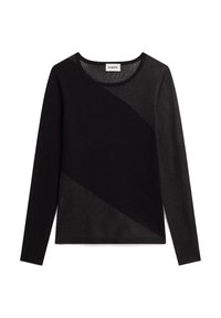 Schwarzer Pullover mit langen Ärmeln, der ein diagonales Rippmuster aufweist. Das Material ist weich mit leichtem Struktur. Runde Ausschnittform und taillierte Silhouette.