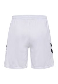 Witte sportieve shorts van gladde stof, met een elastische tailleband en zwarte logo-accenten aan de zijkant voor een sportieve uitstraling.