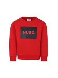 Rode sweatshirt met een zwart rechthoekig logo met "HUGO" in vetrode tekst, geribbelde manchetten en zoom, gemaakt van zachte stof.