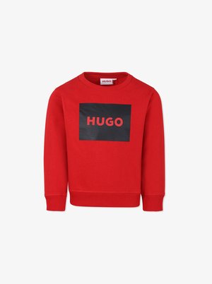 Felpa rossa con logo rettangolare nero con "HUGO" in grassetto rosso, polsini e orlo a coste, realizzata in tessuto morbido.
