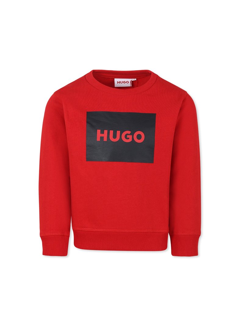 Rode sweatshirt met een zwart rechthoekig logo met "HUGO" in vetrode tekst, geribbelde manchetten en zoom, gemaakt van zachte stof.